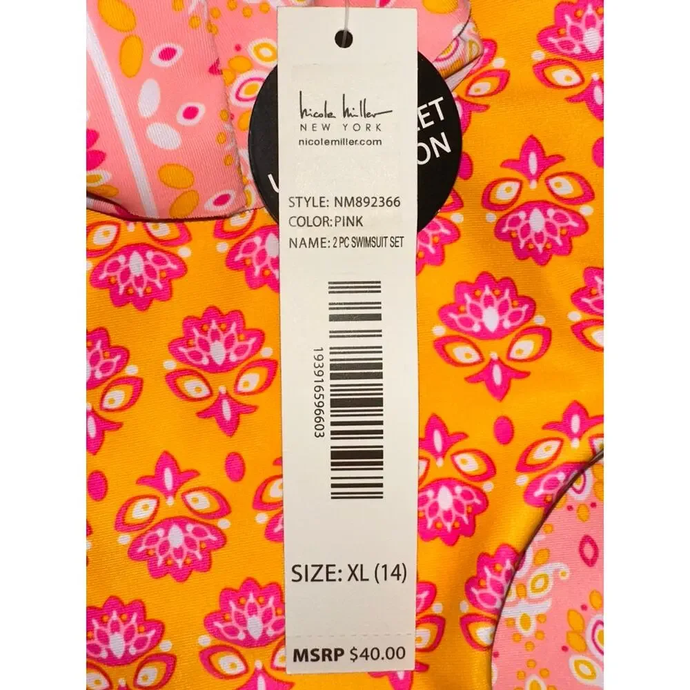 NWT Nicole Miller Girls Pink Orange Paisley 2-Piece Bikini Swim Set Size XL 14